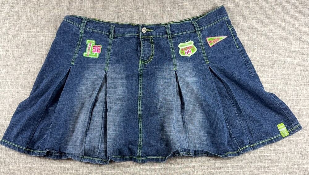 Old Skool Denim Pleated Mini Skirt Womens 20 Y2K Patch Neon Stitch Plus Size